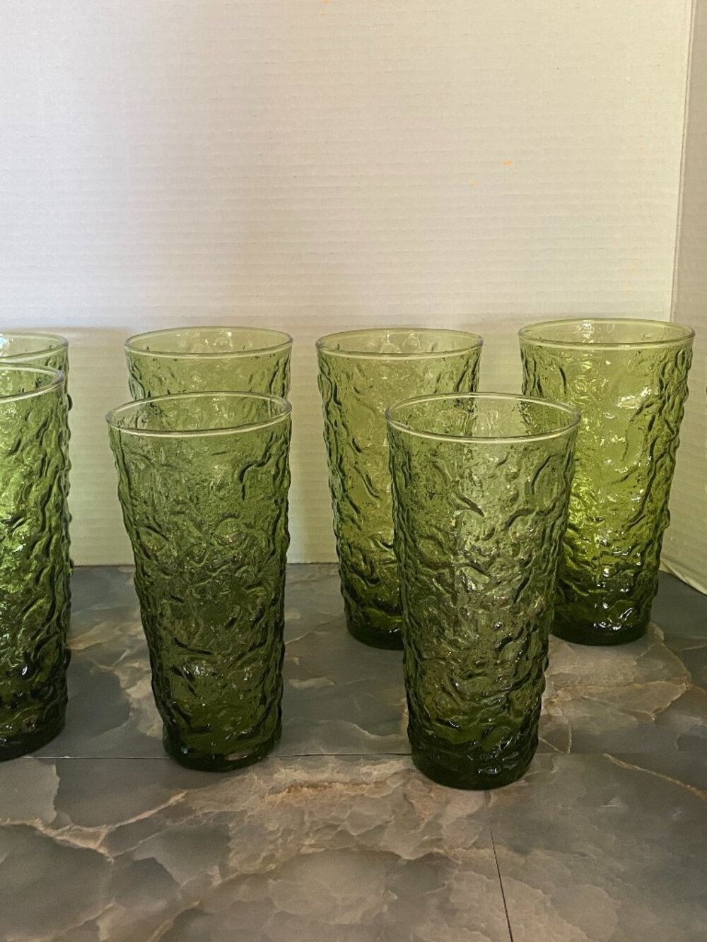 Vintage Green Textured Glass Tumblers Set of 8 Retro Drinking Glasses